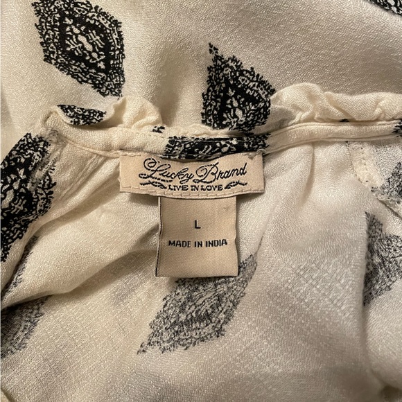 Lucky Brand Women’s Blouse Button Down Back 3/4 Sleeve Beige and Black Pattern L - Picture 5 of 7